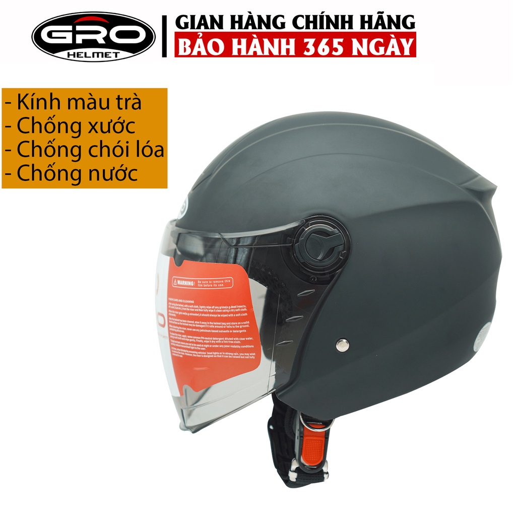 Mũ Bảo Hiểm 3/4 đầu GRO Helmet ST27 có kính dài che cả mặt, kiểu dáng thời trang, khóa kim loại chắc chắn - Đen Nhám