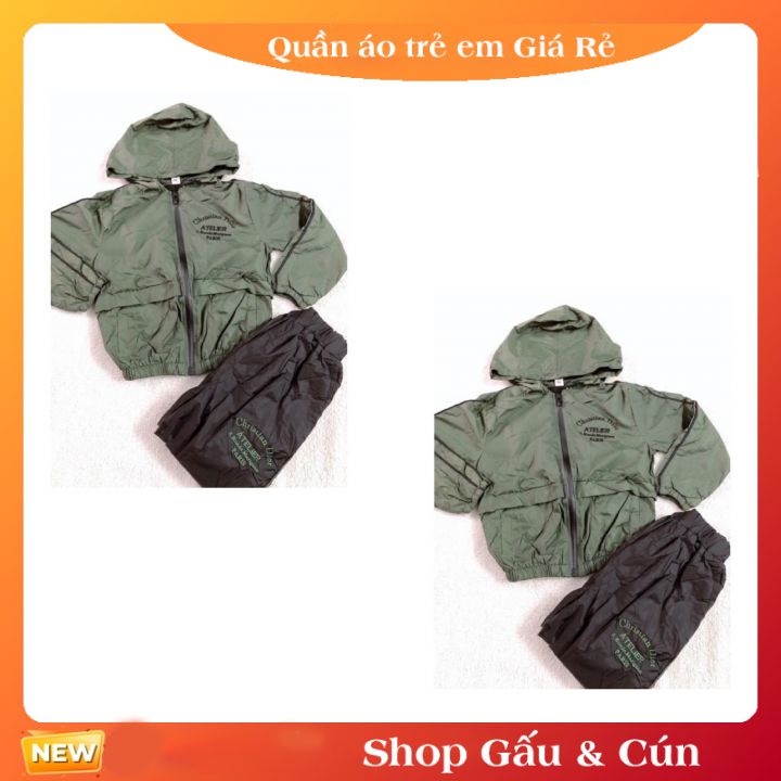 Bộ quần áo gió cho bé trai màu rêu 2 lớp, mũ có rút từ 12-16kg