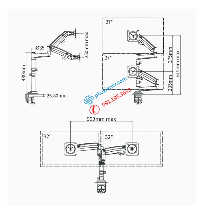 Giá Treo 2 Màn Hình NB H180 22 - 32 Inch - Tay Treo Hai Màn Hình Gắn Bàn - Xếp Màn Trên / Màn Dưới