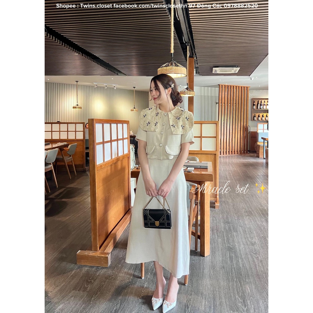 Set đồ nữ Áo cổ nơ ngọc + chân váy suông  by Twins ẢNH THẬT