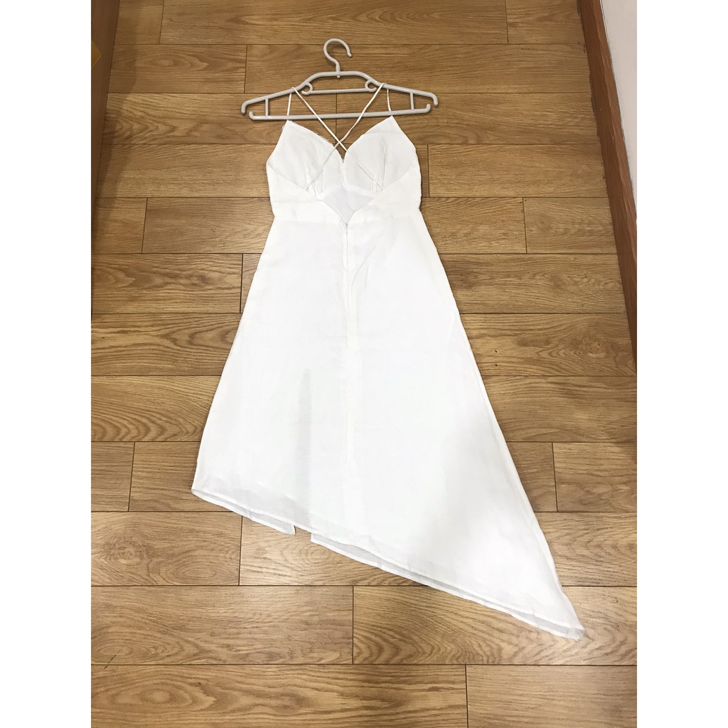 Váy Angele' Mademoiselle trắng Linen "xẻ tà 1 bên - dây đan xéo lưng"