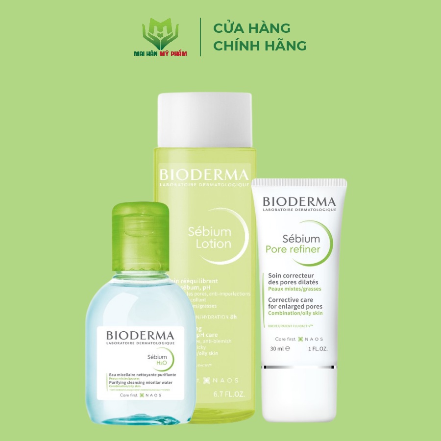 Bộ sản phẩm chăm sóc da dầu và hỗn hợp Biodema Sebium (Tẩy trang micellar 100ml + Lotion 200ml + Pore Refiner 30ml)