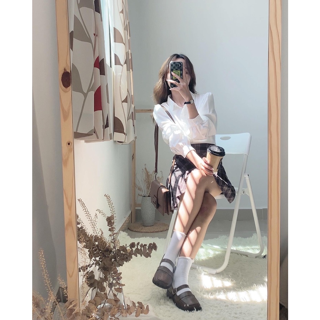 Chân váy xếp li họa tiết Caro lưng cao hack dáng phong cách nữ sinh Hàn Quốc - immin.h