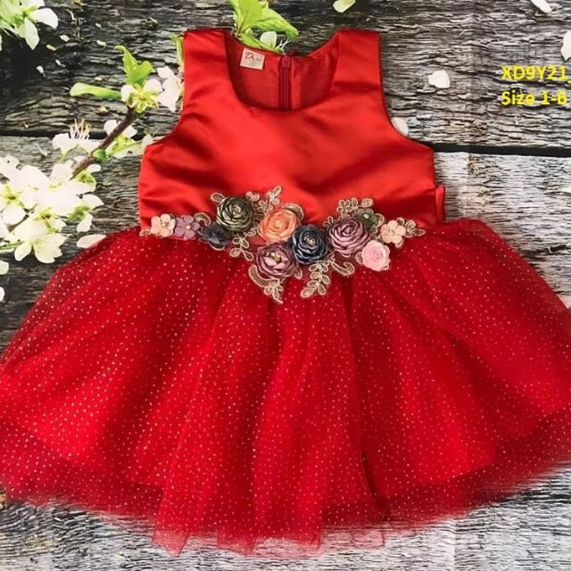 Đầm công chúa kết hoa 3D màu đỏ