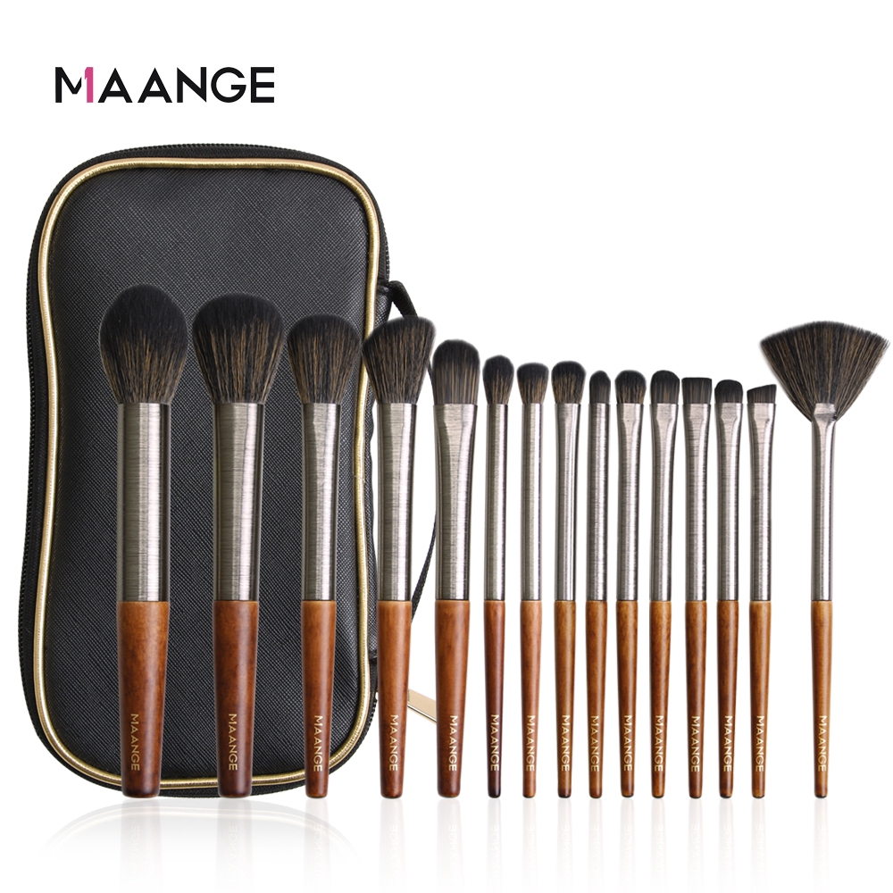 Bộ 15 cọ trang điểm chuyên nghiệp MAANGE từ sợi len vi tinh thể với tay cầm bằng gỗ