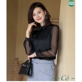 Áo sơ mi satin lụa tay phối voan - A1232