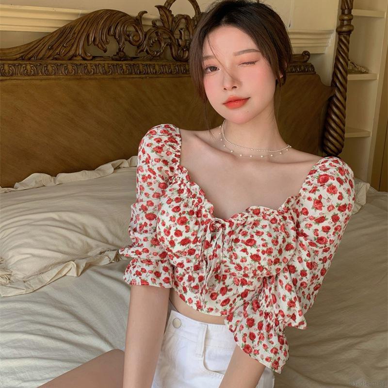 Áo Croptop Tay Ngắn Trễ Vai Hoạ Tiết Hoa Thiết Kế Cột Dây Nữ Tính