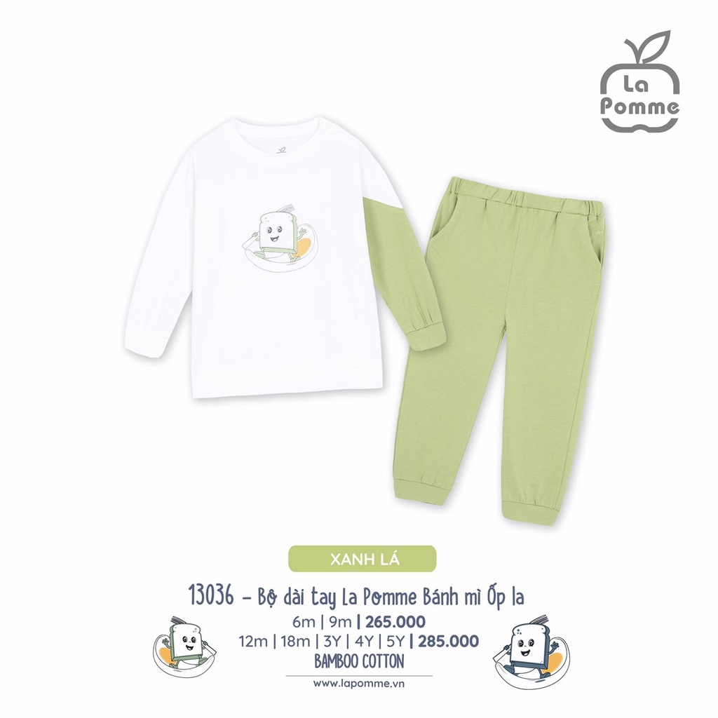 Bộ dài tay La Pomme Bamboo cao cấp mềm mịn thoáng mát thấm hút tốt in bánh mì ốp la tay phối cho bé trai bé gái 13036