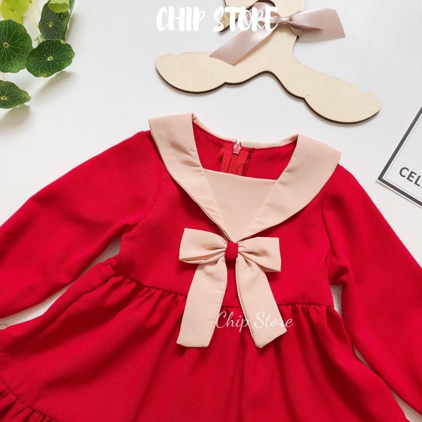 Váy thu đông bé gái CHIP STORE Đầm dài tay màu đỏ phối nơ xinh xắn có size sơ sinh - 7 tuổi