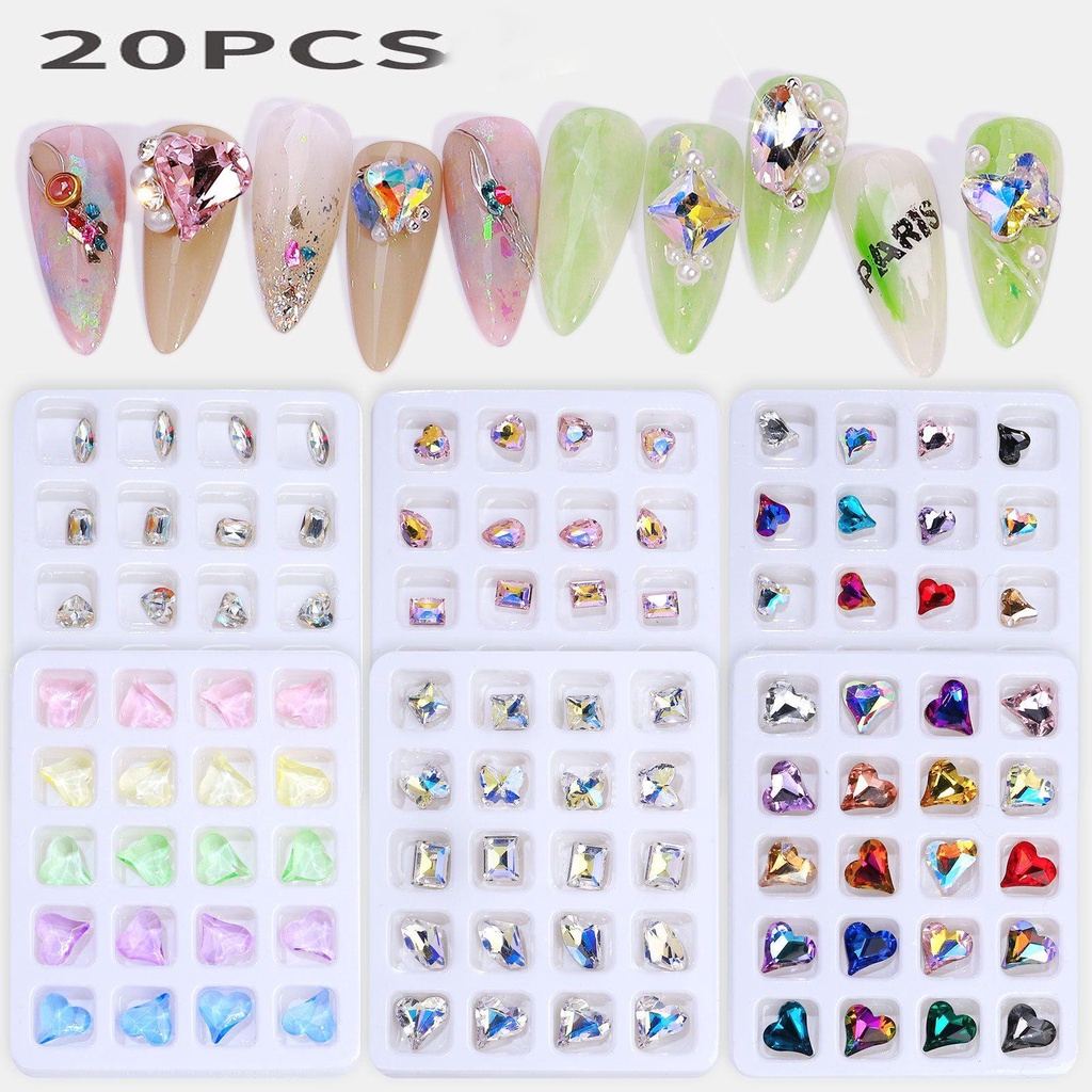 ღOKDEALSღ 20pcs Nail Art Decorations Glass|On|Beads Applique Rainbow &amp; Jelly Candy Nail|Colorful DIY Manicure Point Back Glue Heart Shape