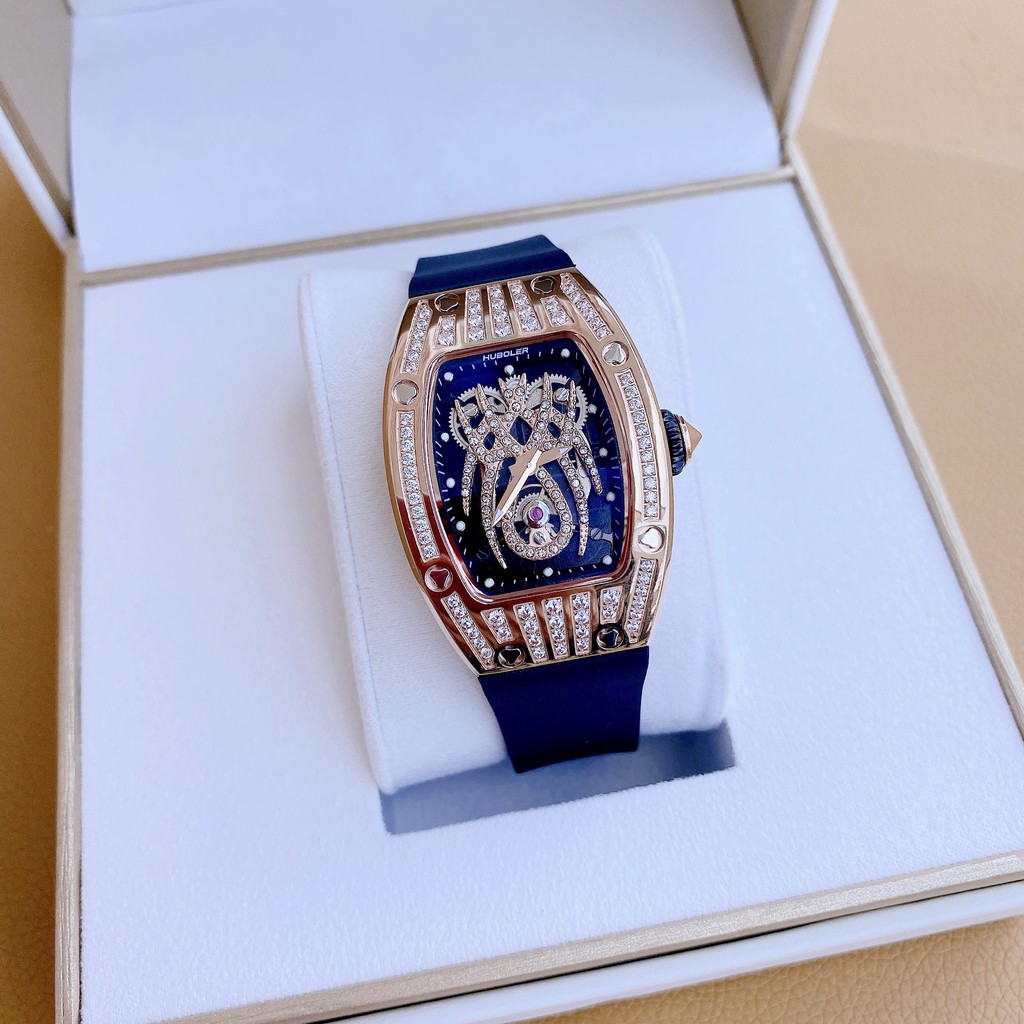 Đồng Hồ Huboler Nữ Dây Da Silicon Đen Mặt Nhện Rose Gold Chính Hãng 31x42mm