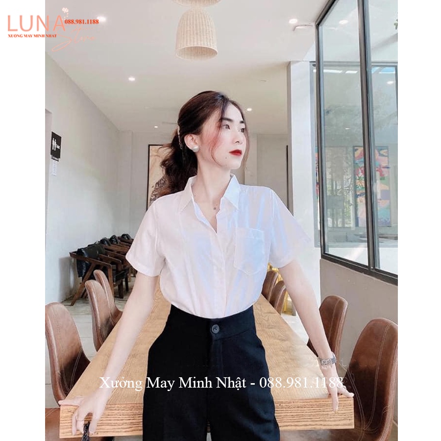 Áo sơ mi nữ đi học form rộng tay ngắn lỡ có túi dáng ulzzang freesize unisex kiểu áo sơ mi trắng nữ tay ngắn trơn đi học