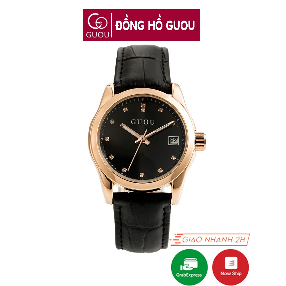 Đồng hồ nữ đeo tay dây da Guou viền mạ vàng chính hãng chống nước tuyệt đối 8076