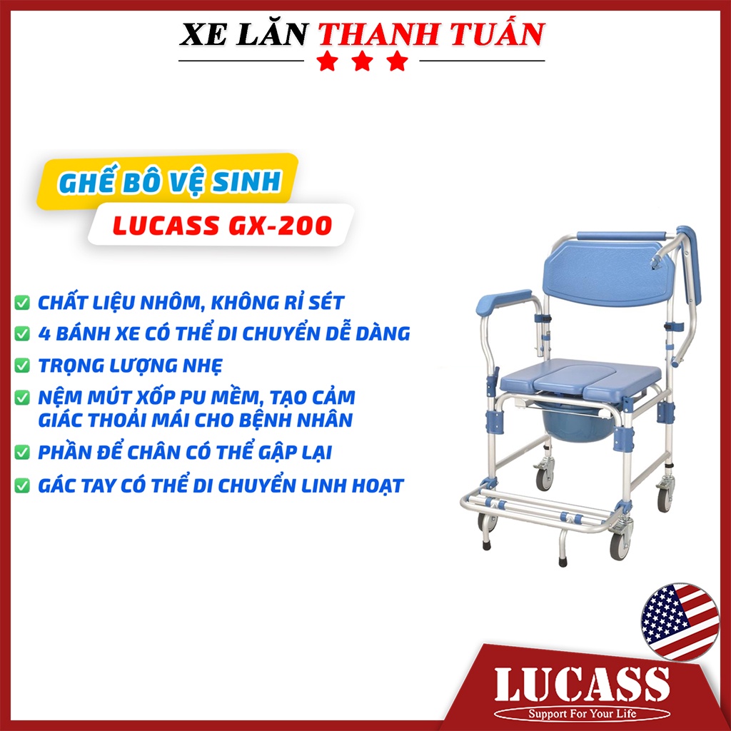 Ghế bô vệ sinh Lucass GX-200 Khung nhôm - Ghế bô 4 trong 1 dùng như xe lăn, ghế tắm, ghế bô vệ sinh, ghế ngồi