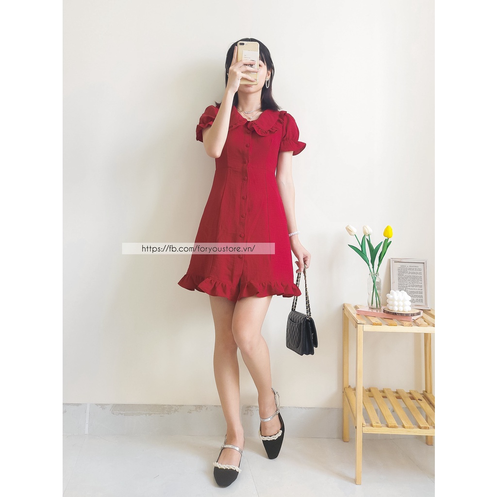 Váy đỏ đô FORYOU đầm cổ sen bèo tay bồng cúc giữa nhún bèo chân váy - Suri Dress | BigBuy360 - bigbuy360.vn
