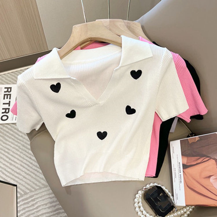 Áo polo Dệt Kim Tay Ngắn Cổ Chữ V In Họa Tiết Trái Tim Thời Trang Mùa Hè Cho