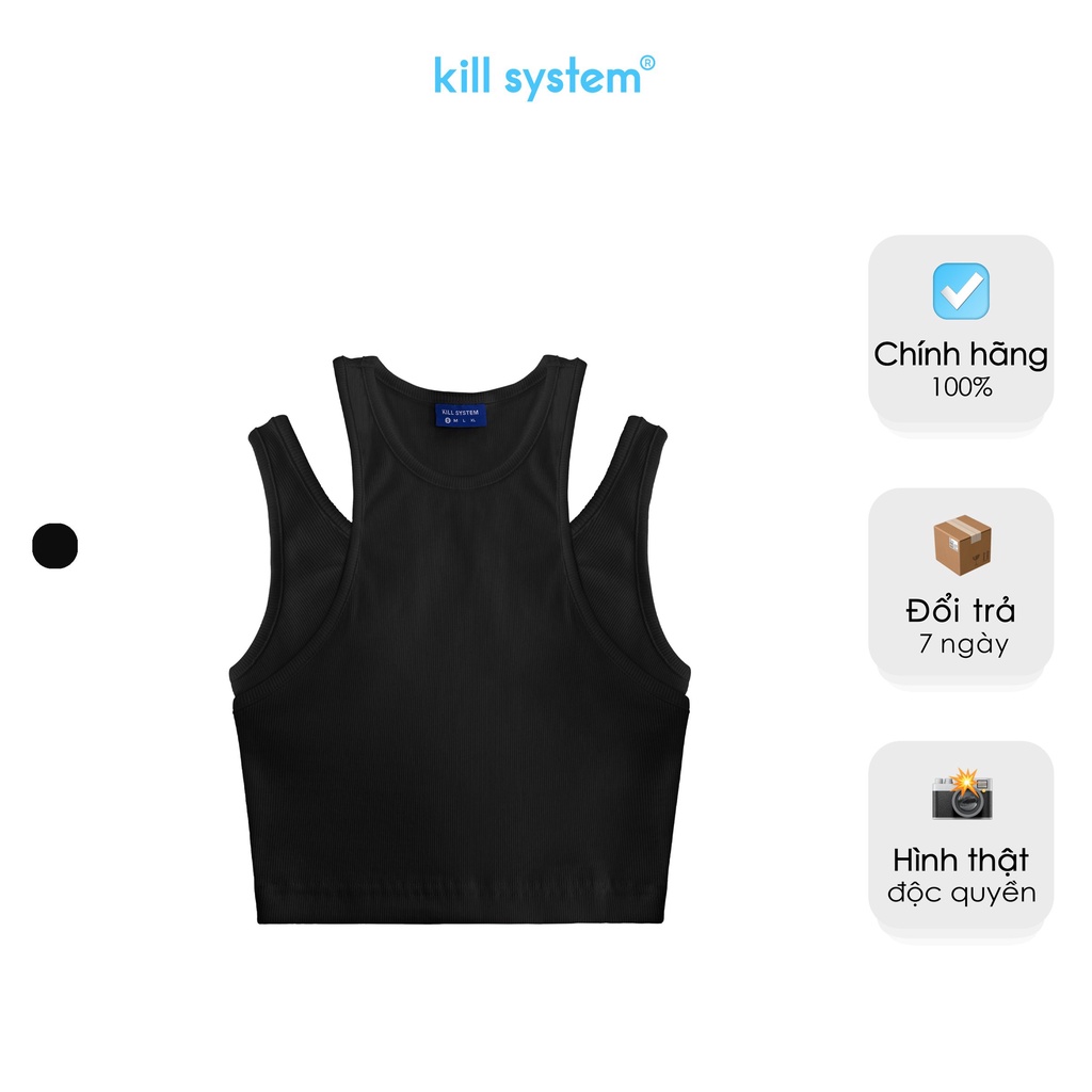 Áo ba lỗ khoét vai, croptop trơn giả hai áo, màu đen thun gân co giãn Kill System