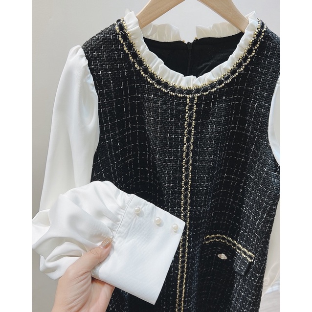 Váy Dạ Tweed Kẻ Ô Phối Tay Vải Lụa Trắng Dáng Suông Đuôi Cá Trang Trí Viền Dây Viền Nhung Cực Xinh | BigBuy360 - bigbuy360.vn