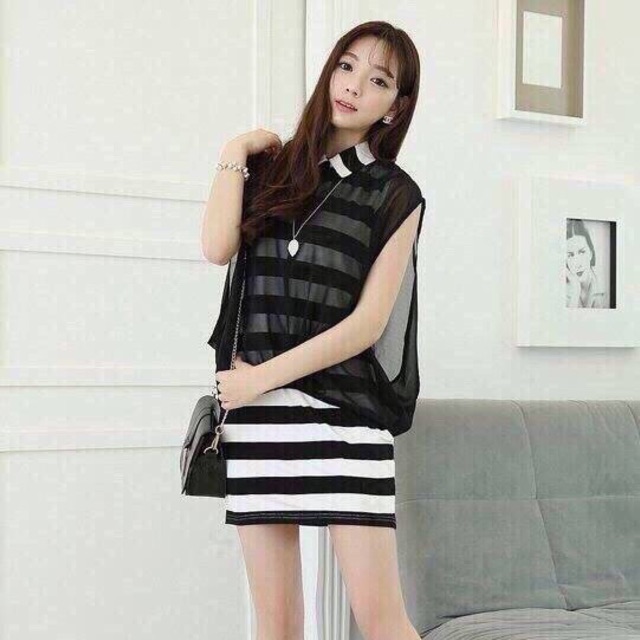 ĐẦM SỌC LIỀN ÁO CỔ SƠ MI
