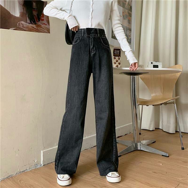 [ AHEHE ] QUẦN JEAN ỐNG RỘNG NỮ LƯNG CAO 2 NÚT LAI TUA MÀU XÁM TIÊU CAO CẤP HADI FORM RỘNG DÁNG SIÊU XINH VẢI MỀM MỊN