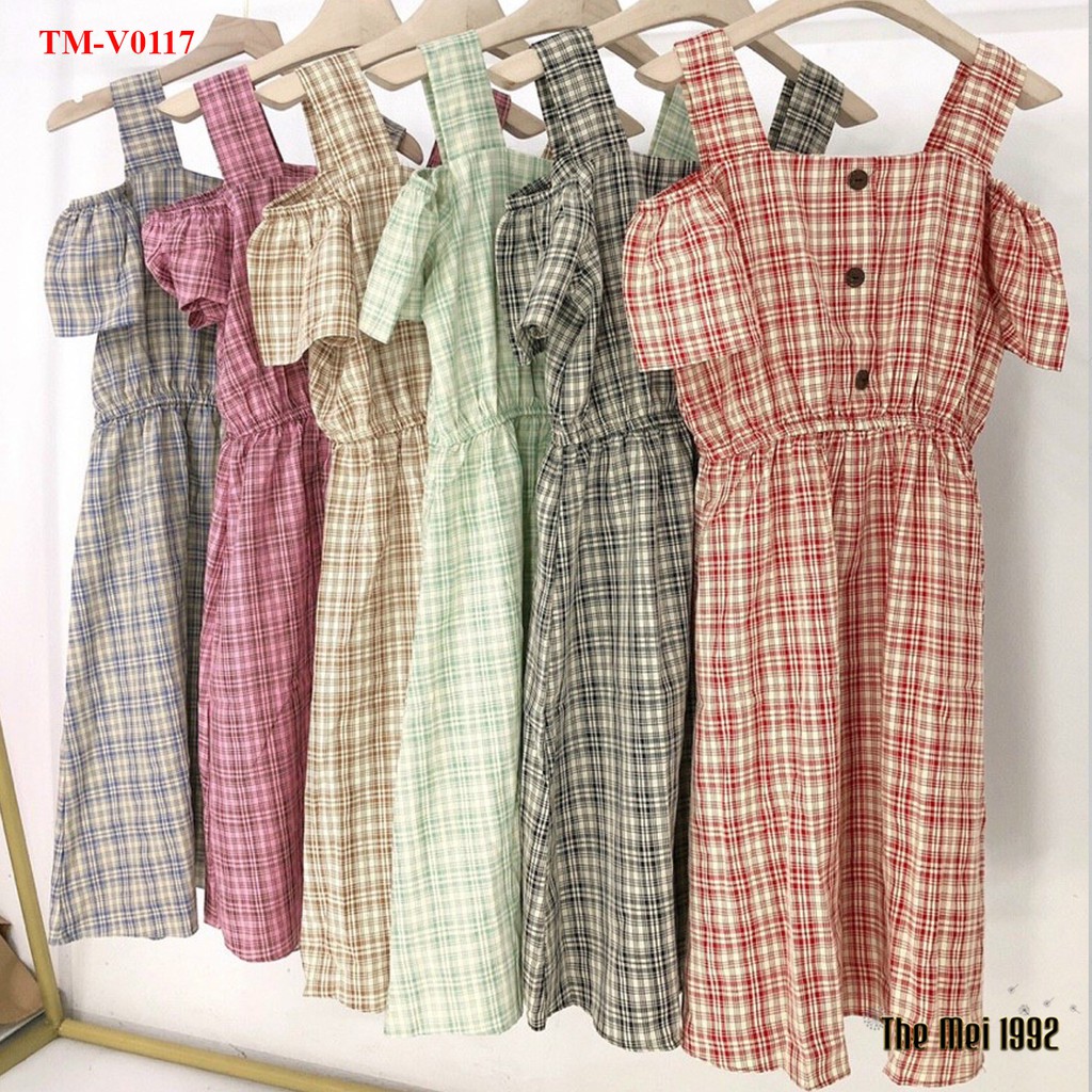 Đầm babydoll nữ The Mei 1992 - Đầm công sở chất cotton mát kẻ caro đính cúc xẻ vai siêu xinh | BigBuy360 - bigbuy360.vn