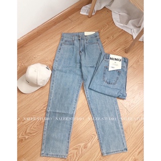 Quần baggy bò trơn cạp cao xanh nhạt