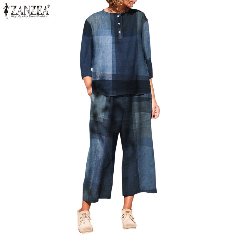Bộ đồ ZANZEA áo tay 3/4 cổ tròn in họa tiết kẻ sọc caro quần phối túi thời trang thường ngày cho nữ