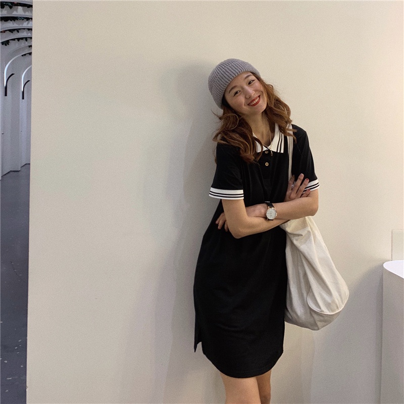 Đầm Cotton Ngắn Tay Cổ Polo Thời Trang Hàn Quốc Cho Nữ