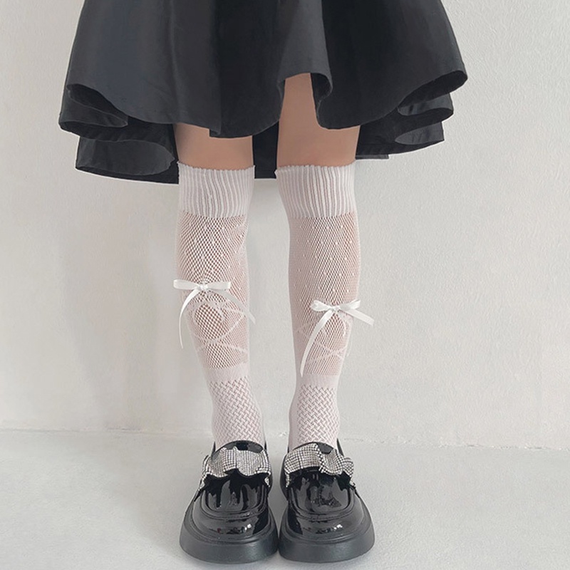Vớ Dài Ngang Bắp Chân Màu Trắng/Đen Phối Ren Đính Nơ Cho Bé Gái