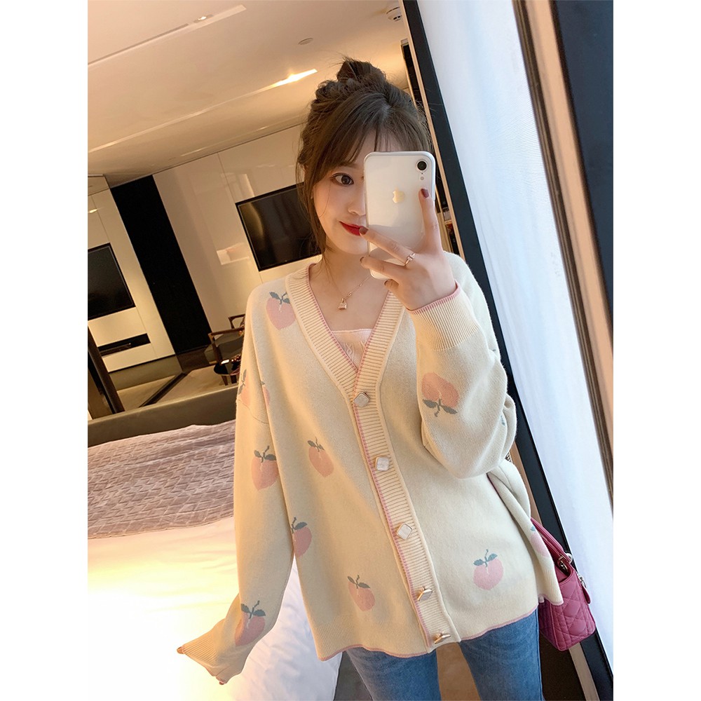 Áo Khoác Cardigan Dáng Rộng In Hình Trái Cây Xinh Xắn Theo Phong Cách Hàn Quốc