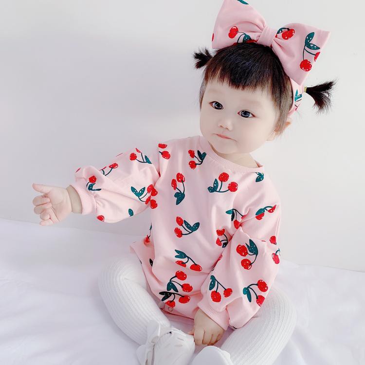 Set áo liền quần dài tay + băng đô cotton in hình cherry thời trang mùa thu cho bé gái