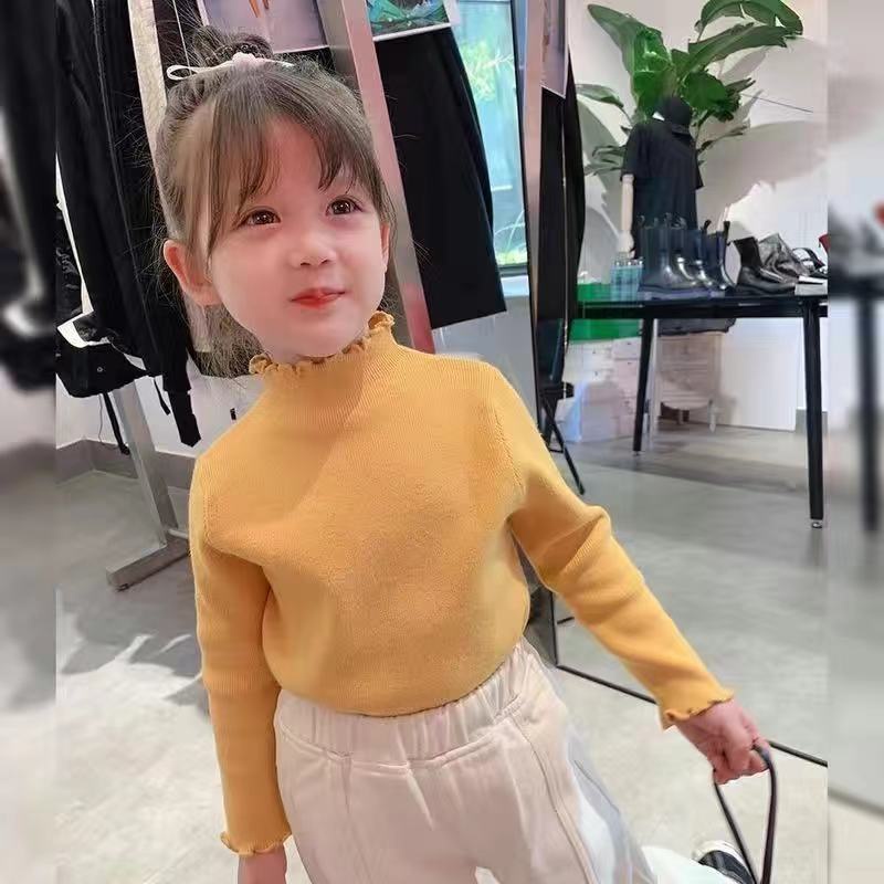 Áo nhung bé gái tay dài cổ cao thiết kế đơn giản thời trang