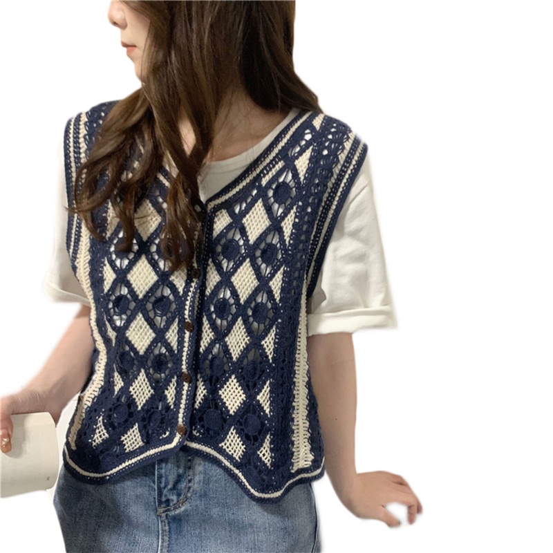 Áo Dệt Kim Sát Nách Cài Khuy In Họa Tiết Caro Trẻ Trung Cho Bạn Gái