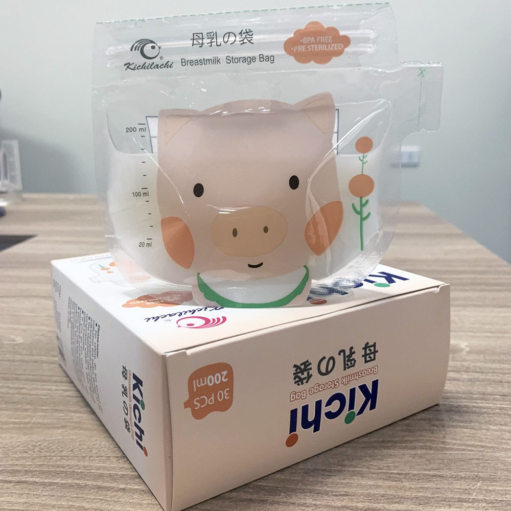Hộp 30 Túi trữ sữa CẢM BIẾN NHIỆT Kichilachi 200ml có vòi rót tiện lợi hình chú heo con