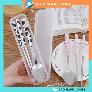 Bộ thìa đũa inox 304 họa tiết bò sữa cao cấp, Sét thìa đũa cá nhân