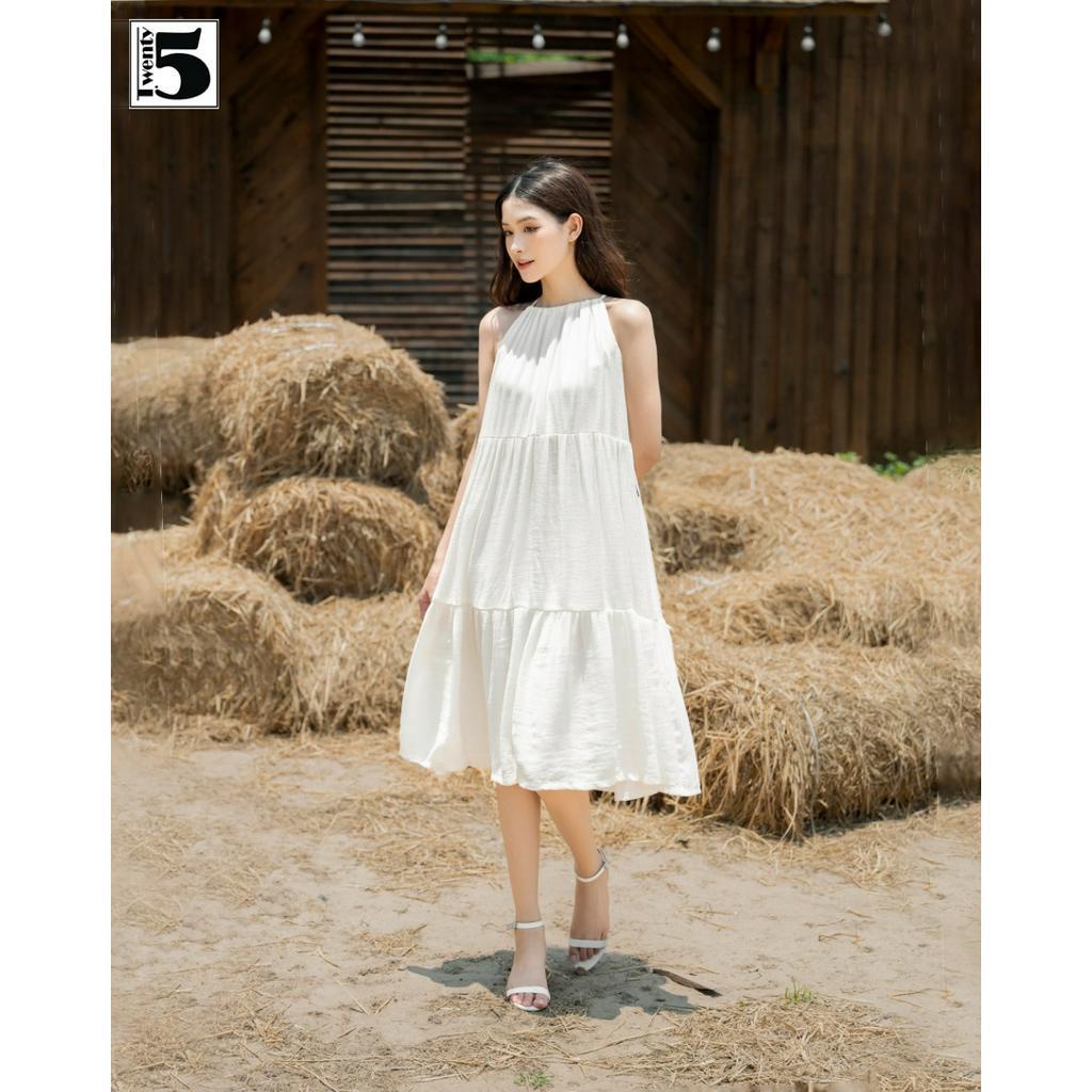 Đầm cổ yếm rút dây thắt nơ dáng xòe midi 3 tầng đũi xốp Twentyfive SD91