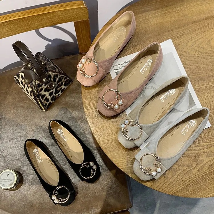 Giày bệt mũi vuông đính ngọc trai trang mới cho nữ