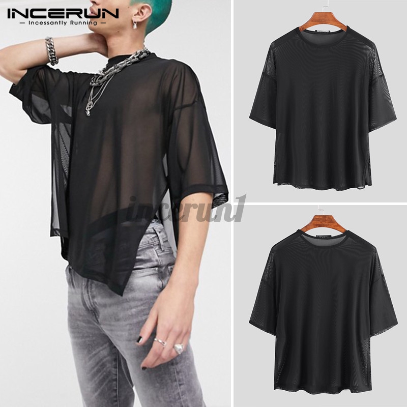 Incerun Lưới Nam Giới Nhìn Thấy Gạc Áo Tay Lỡ Cộng Với Kích Thước