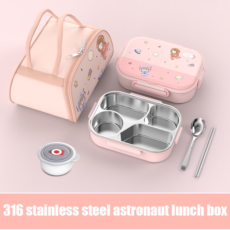 316 Hộp đựng cơm chia ngăn cách nhiệt có ngăn đựng canh tặng kèm đũa thìa inox