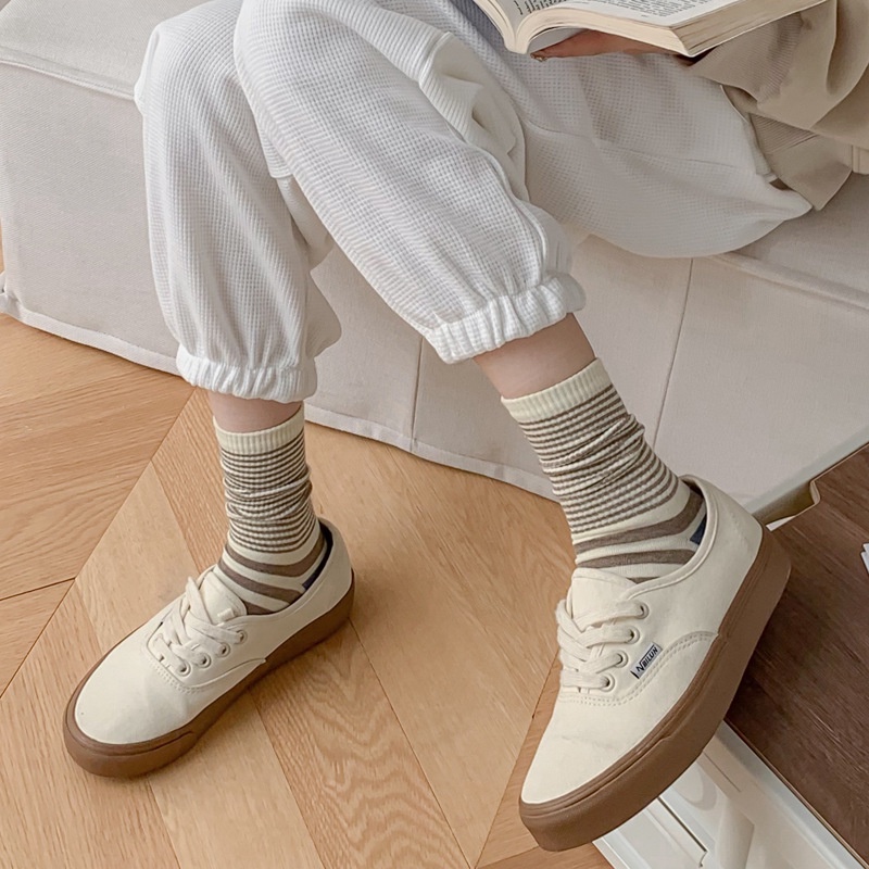 Vớ WAFNHA D380 vải cotton kẻ sọc phong cách Hàn Quốc cho nữ