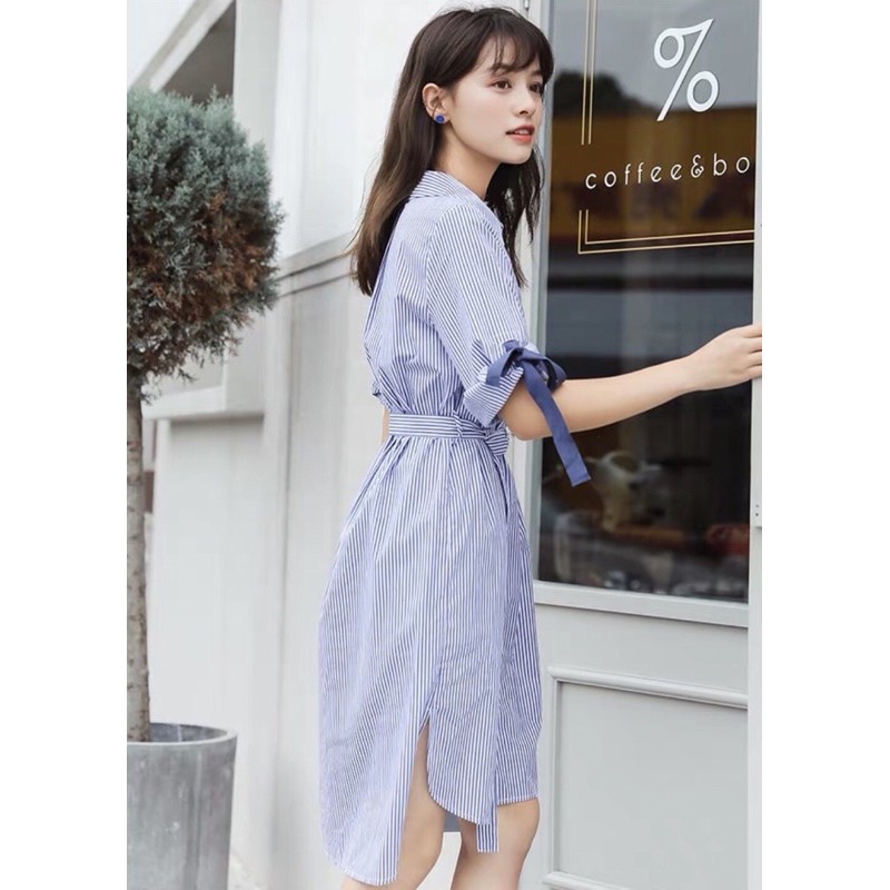 Đầm váy sơ mi sọc xanh tay nơ
