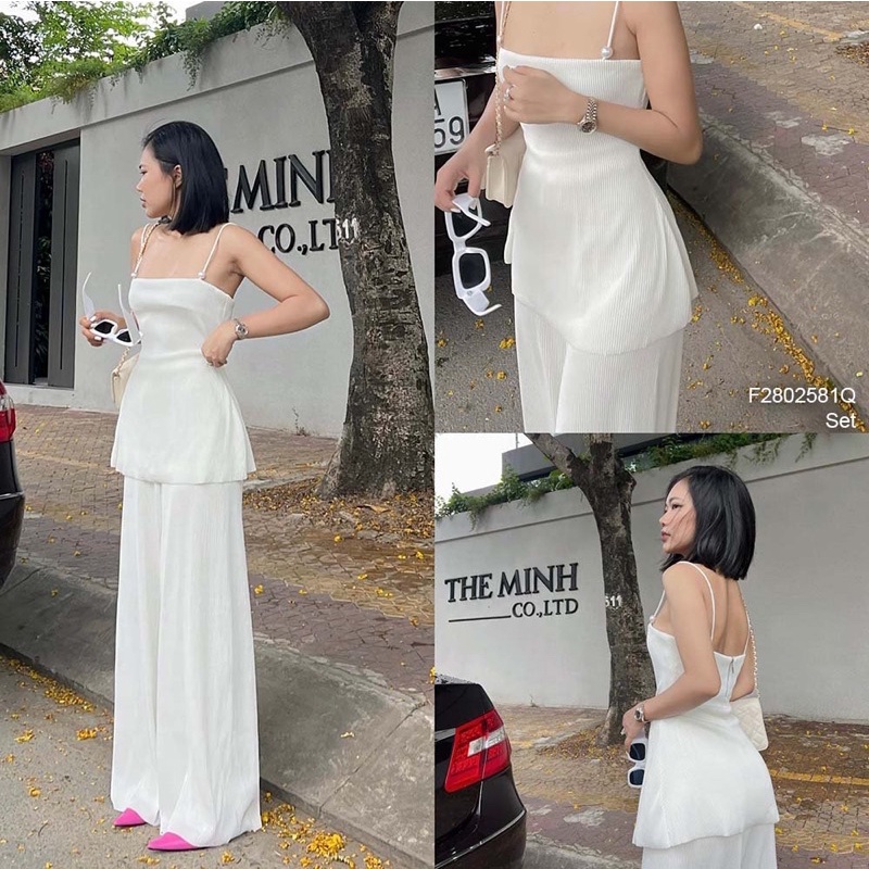 Set bộ dập ly áo 2 dây gài ngọc phối quần suông s2802