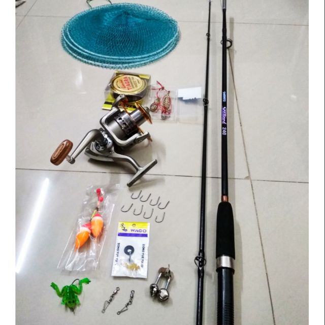 Combo bộ cần câu Shimano 2 khúc đặc 2,4m máy yumoshi LC 7000 cộng phụ kiện