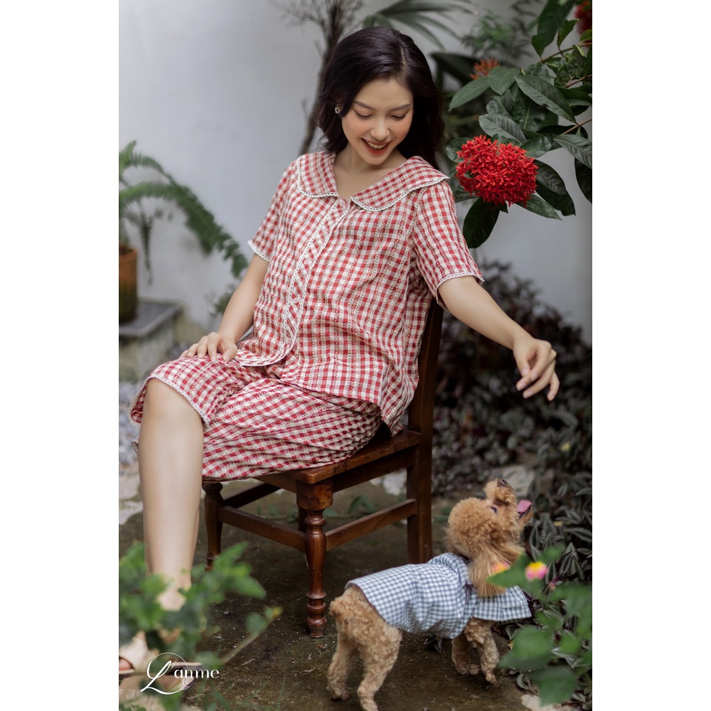 Bộ bầu mặc nhà LIXI chất vải thô, hai màu kẻ sọc thiết kế by LAMME