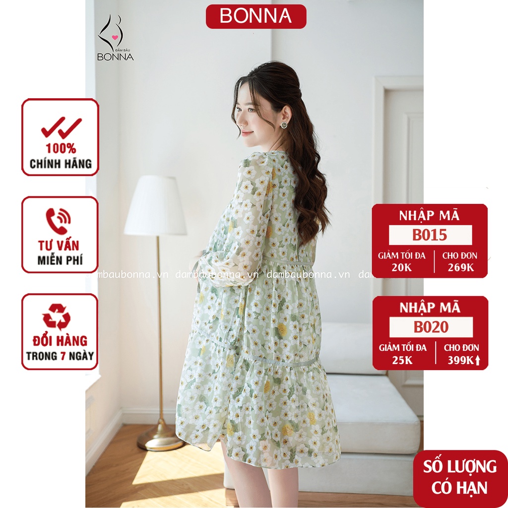 Váy bầu hoa nhí BONNA dáng suông vải voan tơ lót lụa cao cấp dịu dàng nhã nhặn, mặc thu đông cực thích VS060