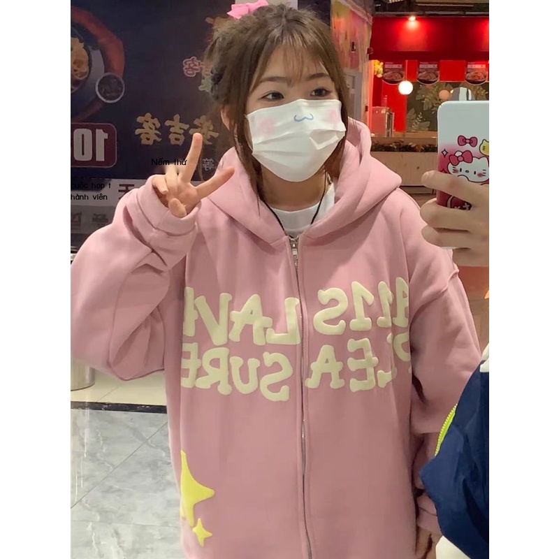 Áo Khoác Hoodie Mỏng Dáng Rộng Màu Hồng Phong Cách Hip Hop Mỹ Thời Trang Xuân Thu Cho Nữ