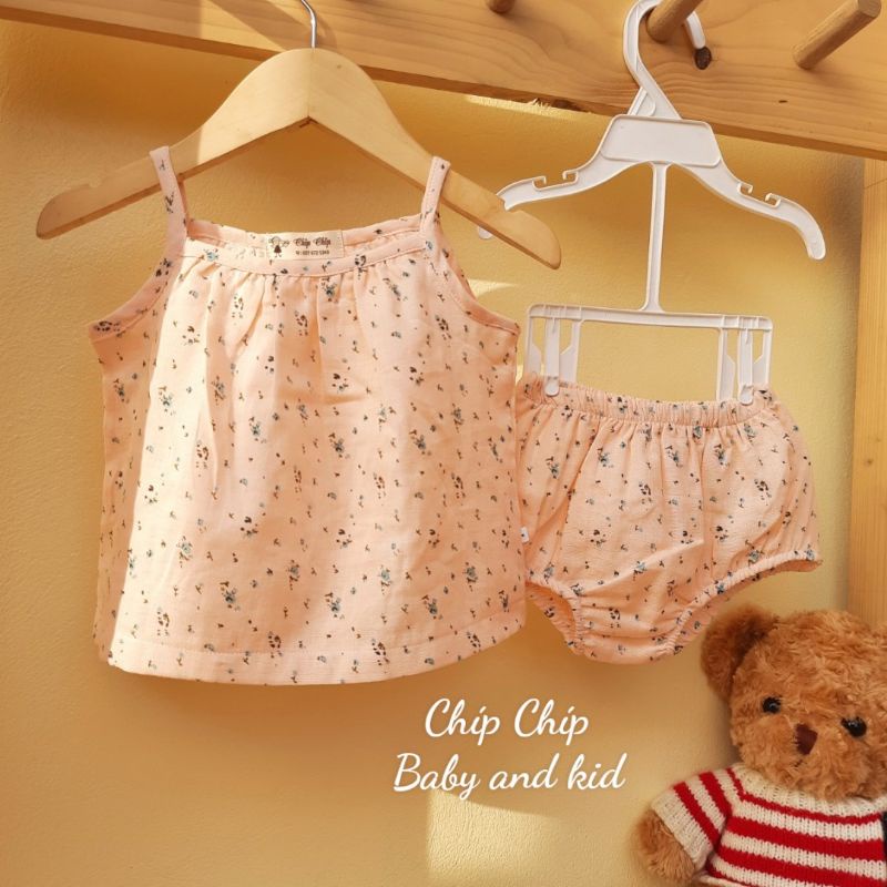 Bộ 2 dây xô muslin quần bí thoáng mát cho bé gái