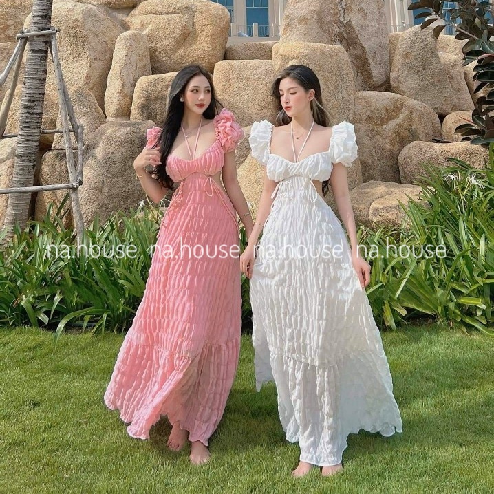 ĐẦM MAXI CỔ YẾM BO LƯNG ĐI CHƠI ĐI BIỂN NAHOUSE VÁY XỐP TRỄ VAI THIẾT KẾ HAI LỚP SANG TRỌNG