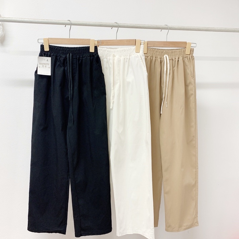 Quần KaKi Ống Suông cạp chun Nam - Nữ 3 màu đen, trắng, be Unisex Basic