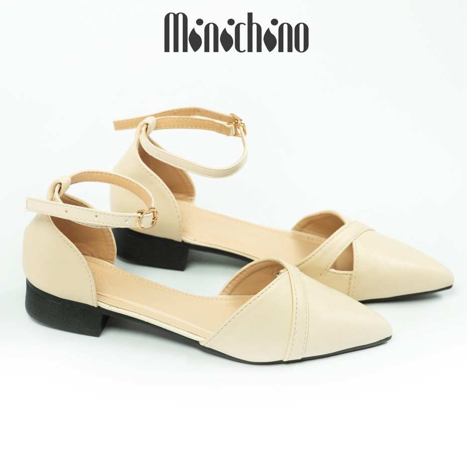 Giày sandal nữ gót cao 3cm MINICHINO mũi nhọn khoét lỗ phối dây thời trang màu đen TC020